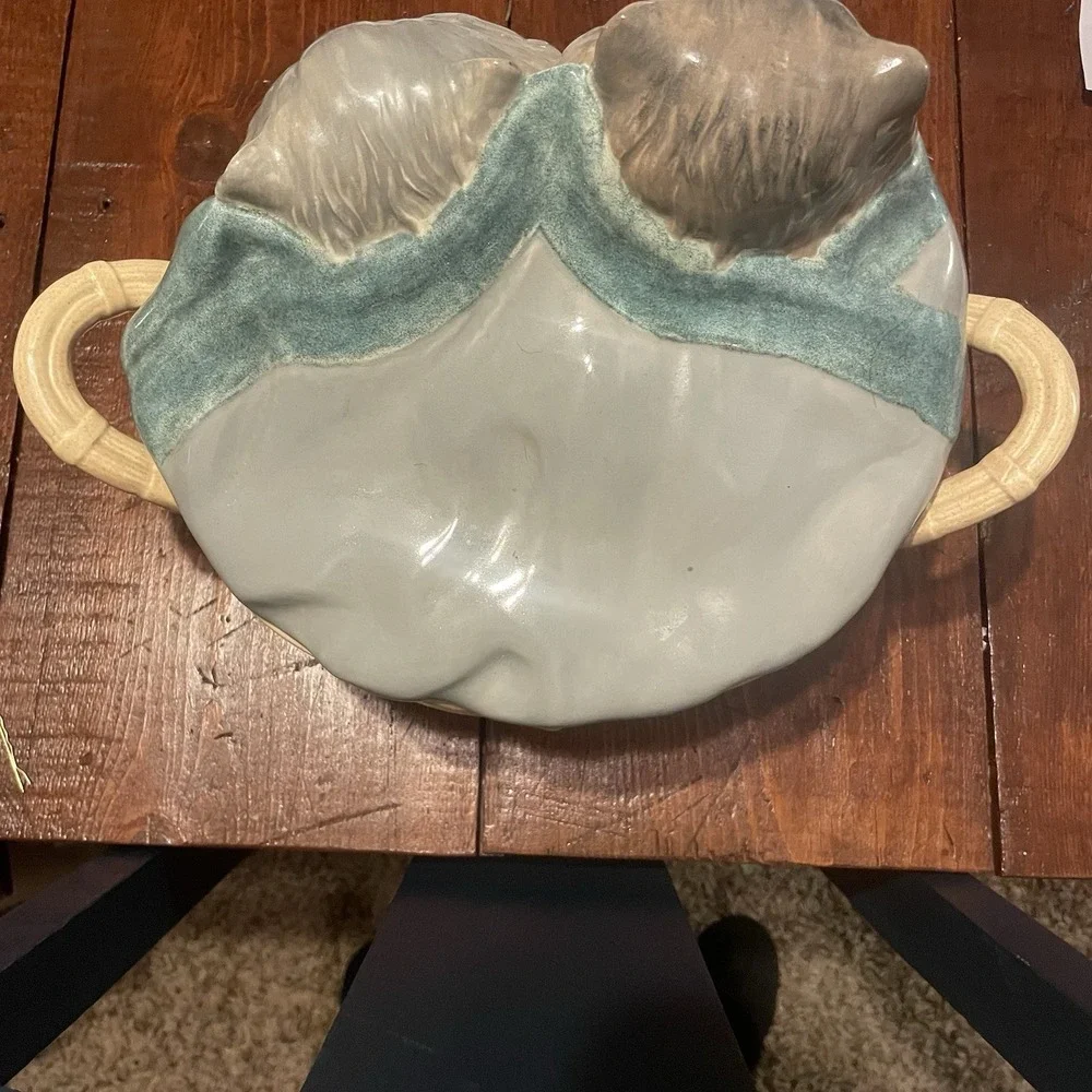 Vintage Ceramic Pottery Weaved Basket 2 Fluffy Cats Cookie Jar 14